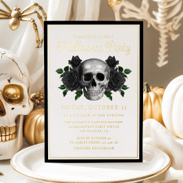 Gotische Bloemen Schedel Halloween Goud Folie Uitnodiging