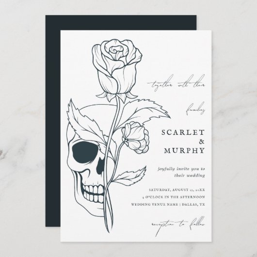 Gotische Bloemen Schedel & Monogram Halloween Brui Kaart (Voorkant / Achterkant)