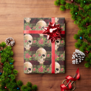 Gotische Bloemen Schedel & Poinsettia Kerstpatroon Cadeaupapier