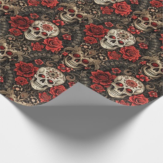 Gotische Bloemen Schedel & Roos bruiloft Cadeaupapier (Hoek)