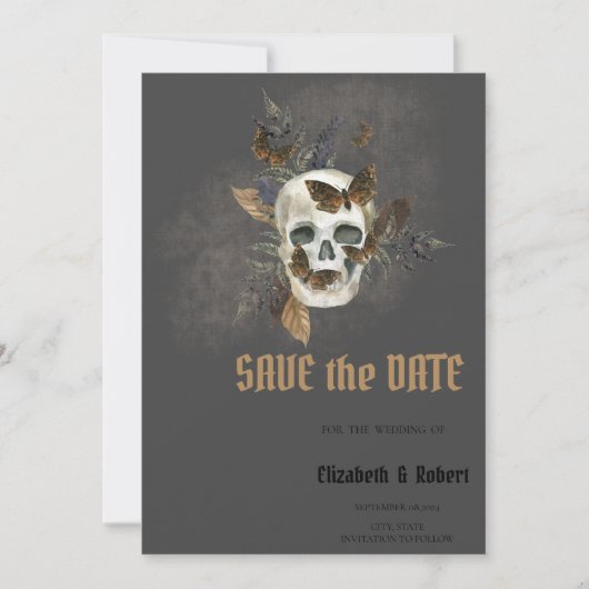 Gotische bloemen schedel vlinders Bewaar de datum Save The Date (Voorkant)