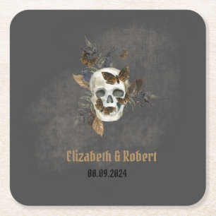 Gotische Bloemen Schedel Vlinders Huwelijk Kartonnen Onderzetters