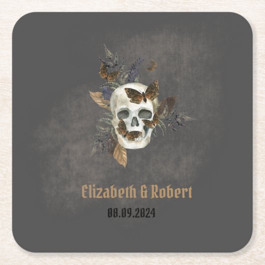 Gotische Bloemen Schedel Vlinders Huwelijk Kartonnen Onderzetters (Voorkant)