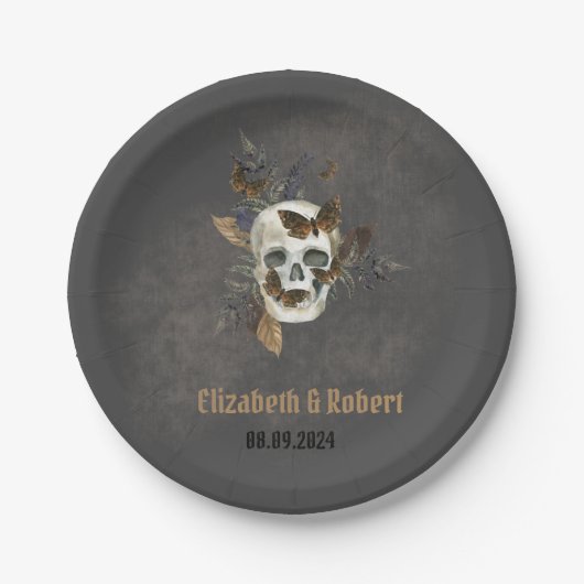 Gotische Bloemen Schedel Vlinders Huwelijk Papieren Bordje (Voorkant)