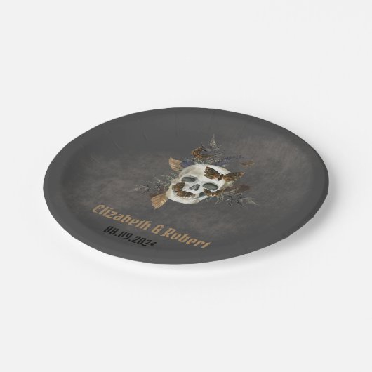 Gotische Bloemen Schedel Vlinders Huwelijk Papieren Bordje (Gekanteld)