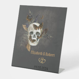 Gotische Bloemen Schedel Vlinders Huwelijk Reclamebord Met Voetstuk