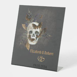 Gotische Bloemen Schedel Vlinders Huwelijk Reclamebord Met Voetstuk