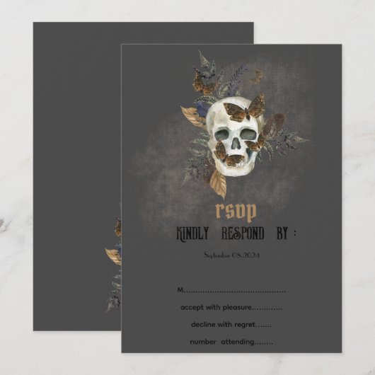 Gotische Bloemen Schedel Vlinders Huwelijk RSVP Kaart (Voorkant / Achterkant)