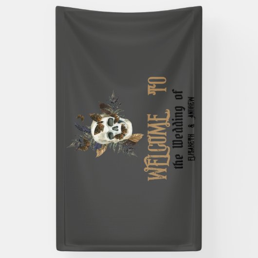 Gotische Bloemen Schedel Vlinders Huwelijk Spandoek (Verticaal)