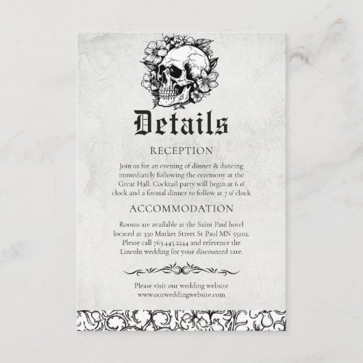 Gotische Bloemen Schedel Zwart Bruiloft Details Informatiekaartje (Voorkant)