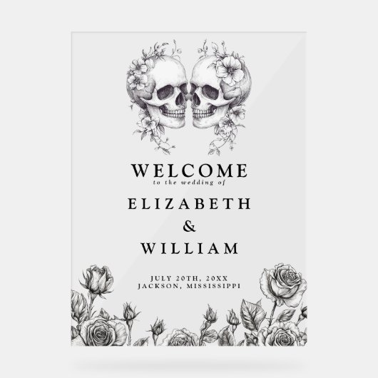 Gotische Bloemen Schedels Huwelijk Welkom Acryl Bord (Voorkant)