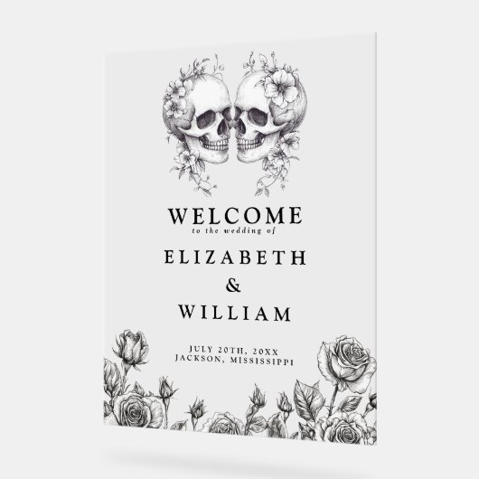 Gotische Bloemen Schedels Huwelijk Welkom Acryl Bord (Hoek)
