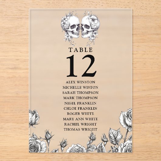 Gotische Bloemen Schedels Tafel Nummer Zitting Gra Acryl Uitnodigingen (Voorkant)