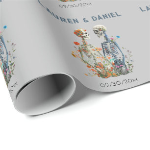 Gotische Bloemen Skelet Liefhebbers Namen Bruiloft Cadeaupapier