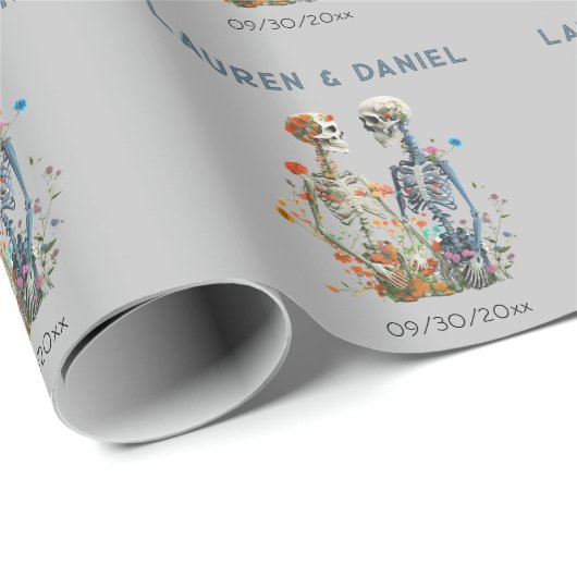 Gotische Bloemen Skelet Liefhebbers Namen Bruiloft Cadeaupapier (Rol Hoek)