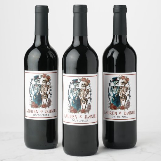 Gotische Bloemen Skelet Paar Namen Bruiloft Wijn Etiket (Flessen)
