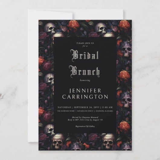 Gotische  Bloemen & Skulls Bruidsbrunch Kaart (Voorkant)