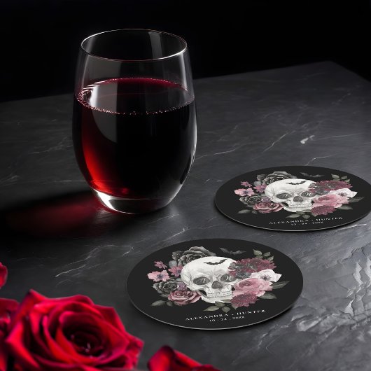 Gotische Bloemen Waterverf Schedel Bruiloft Monogr Ronde Kartonnen Onderzetter