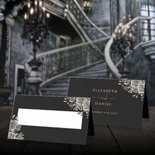 Gotische bloemenbruiloft zwart en gouden Rozen gev Plaatskaartje