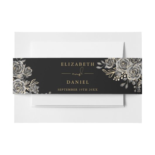 Gotische bloemenbruiloft zwart en gouden Rozen Uitnodigingen Wikkel (Voorkant Voorbeeld)
