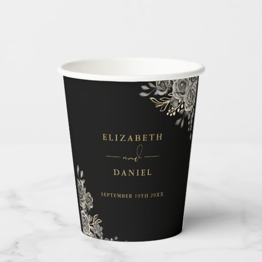 Gotische bloemenelegante zwart-gouden bruiloft papieren bekers (Achterkant)