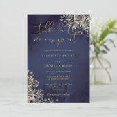 Gotische bloemengoud en middernachtblauwe bruiloft kaart (Staand voorkant)