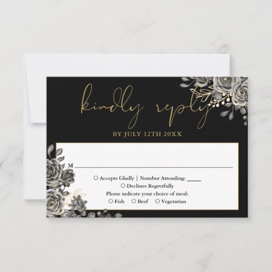 Gotische bloemenrozen Zwart en goud bruiloft RSVP Kaartje (Voorkant)