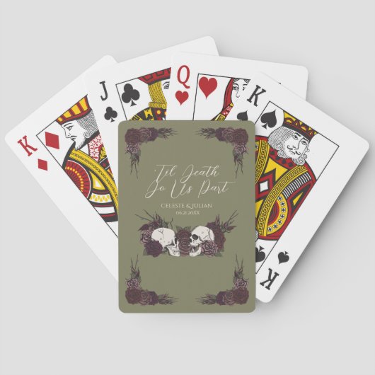 Gotische bloemenschedel olijfgroen pokerkaarten (Achterkant)