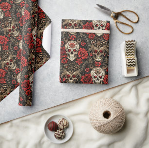 Gotische bloemenschedel & rozen bruiloft cadeaupapier