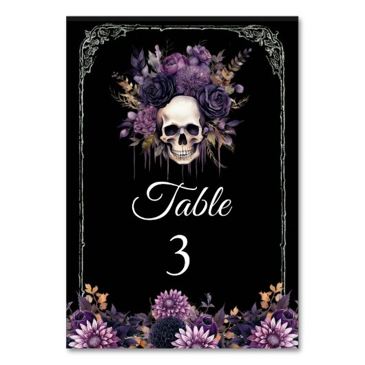 Gotische bloemenskelet Halloween bruiloft tafelnum Kaart (Voorkant)