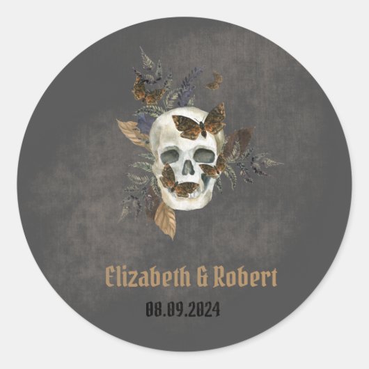 Gotische bloemenskelet vlinders bruiloft  ronde sticker (Voorkant)