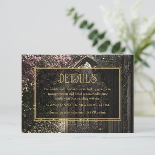 Gotische bloementuin bruiloft details informatiekaartje (Staand voorkant)