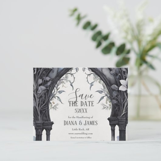 Gotische Bloementuin Poort Pagan Handfasten Save The Date (Staand voorkant)