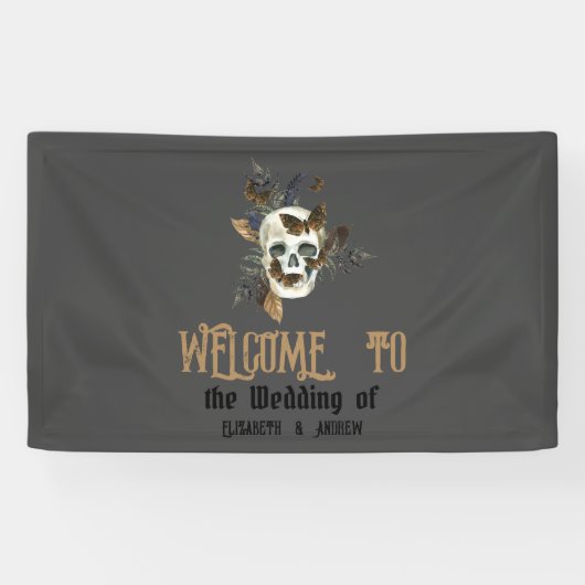 Gotische Bloemige Schedel Vlinders Bruiloft Spandoek (Horizontaal)