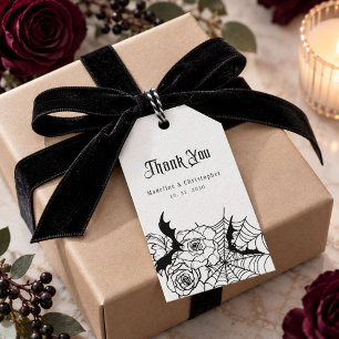 Gotische bloemrozen vleermuis spinnenweb bruiloft cadeaulabel