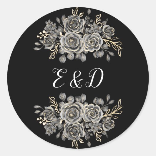 Gotische bloemrozen Zwart en wit monogram Ronde Sticker (Voorkant)