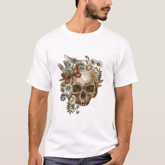 Gotische bloemschedel en vlinders t-shirt (Voorkant)