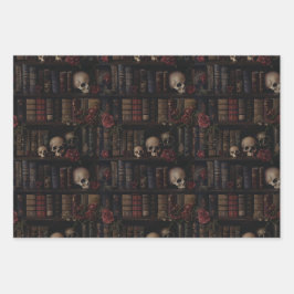 Gotische boekenplanken met schedels inpakpapier vel