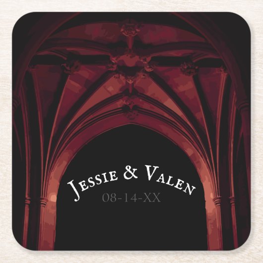 Gotische Boog Huwelijk Donkerrood Kartonnen Onderzetters (Voorkant)