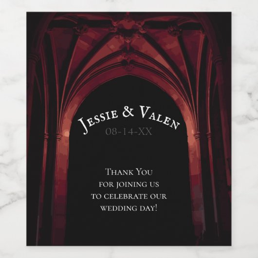 Gotische Boog Huwelijk Donkerrood Wijn Etiket (Enkel label)