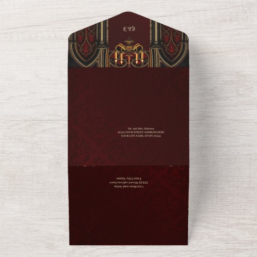 Gotische boog met schedels. all in one uitnodiging (Buitenkant)