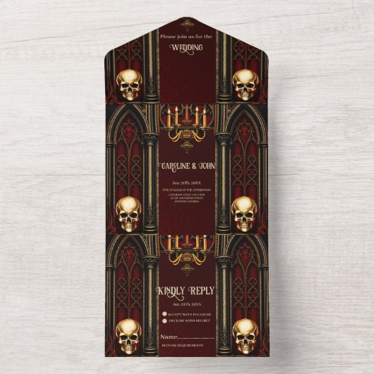 Gotische boog met schedels. all in one uitnodiging (Binnen)