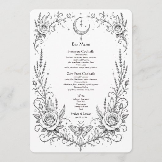 Gotische Botanische Bruiloft Zwarte en Witte Bar Menu (Voorkant)