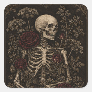 Gotische Botanische Skelet Victoriaanse Etsing Bur Vierkante Sticker