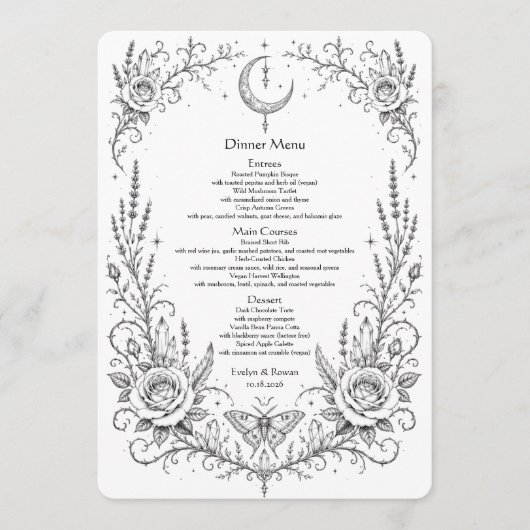 Gotische Botanische Trouw Zwart-Wit Diner Menu (Voorkant)