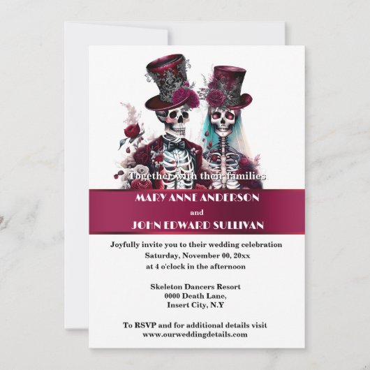 Gotische bruidegom skelet bordeaux roos bruiloft kaart (Voorkant)