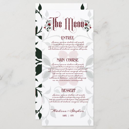 Gotische bruiloft druipen rode rozen Moody bruilof Menu (Voorkant / Achterkant)