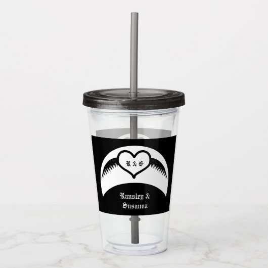 Gotische bruiloft gevleugeld hart Custom Monogramm Acryl Drinkbeker (Voorkant)