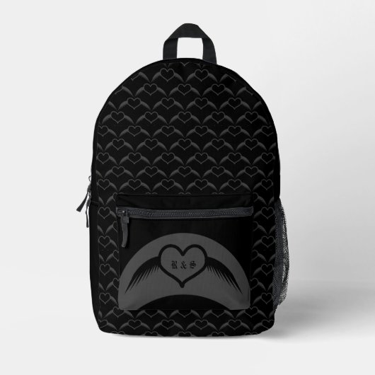 Gotische bruiloft gevleugeld hart Custom Monogramm Bedrukte Rugzak (Voorkant)