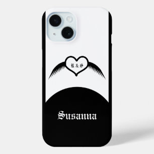 Gotische bruiloft gevleugeld hart Custom Monogramm iPhone 15 Case
